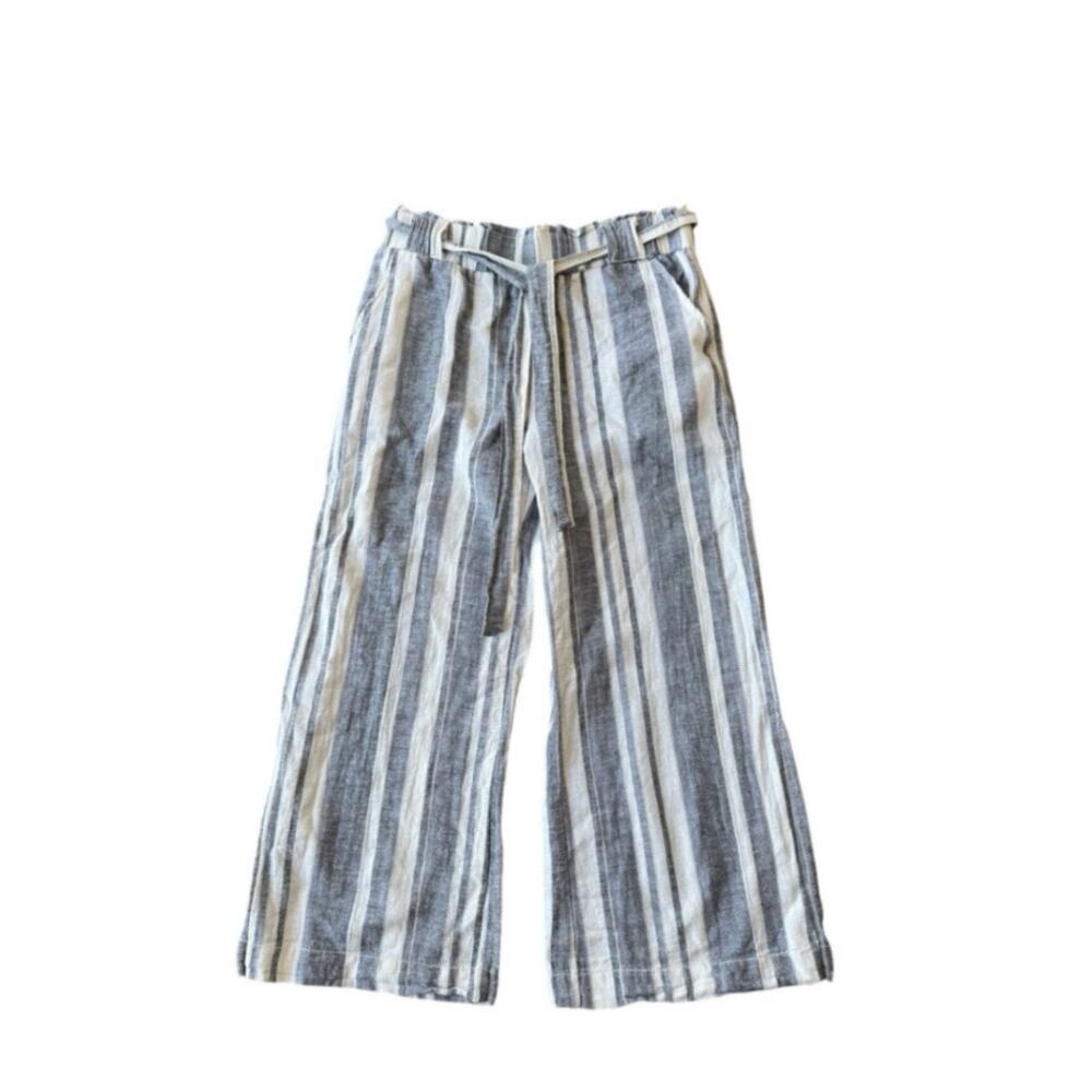 Kiss & Cry Linen Pants Womens L Elastic Waist, Tie, White Blue Wide Leg Beach